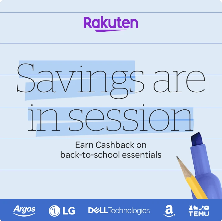 Savings are in session. Back-to-school static ad for Rakuten Rewards UK