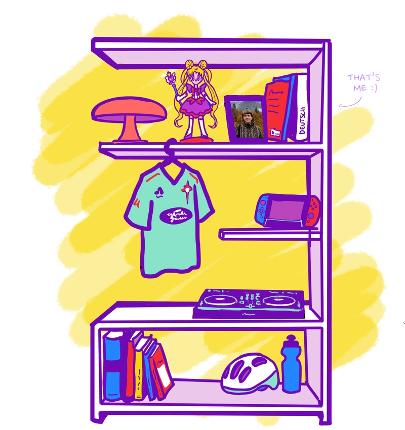 Antía Alonso — bedroom shelf: books, lava lamp, Sailor Moon, a photo (that's me), anime tee, handheld console, DJ mixer, helmet