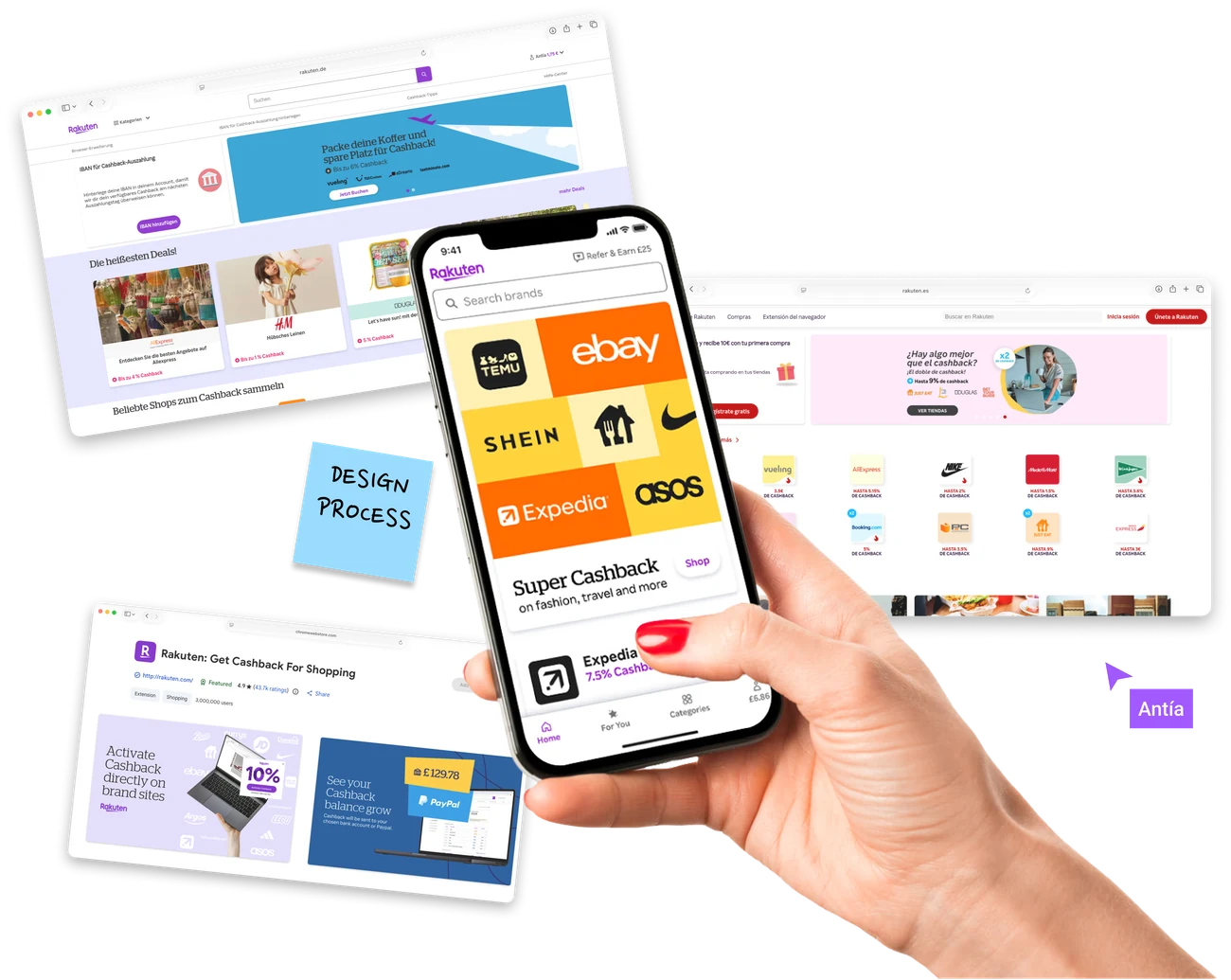 Rakuten Rewards design process composite — desktop, mobile and browser extension