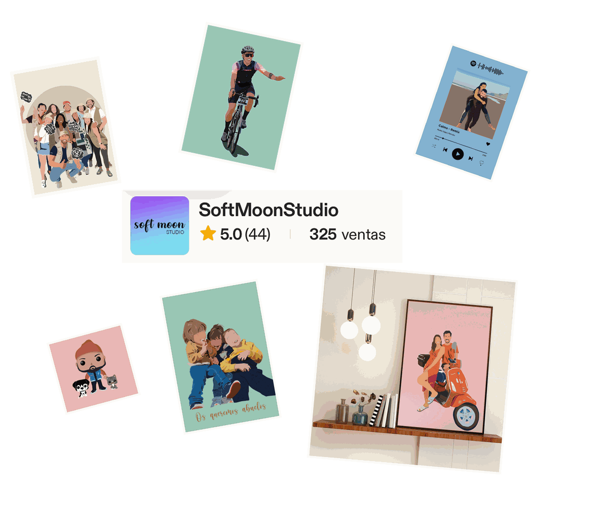 SoftMoonStudio Etsy showcase, custom illustrations and 5-star reviews