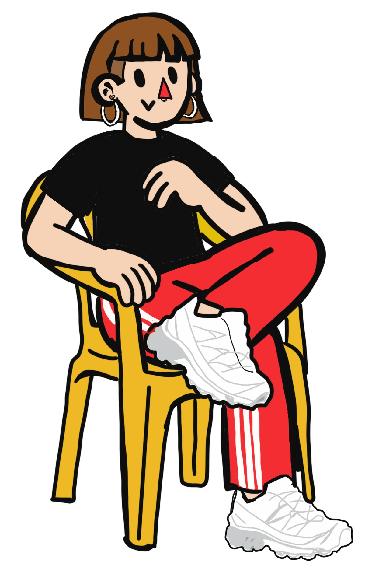 Antía self-illustration · seated on a plastic chair
